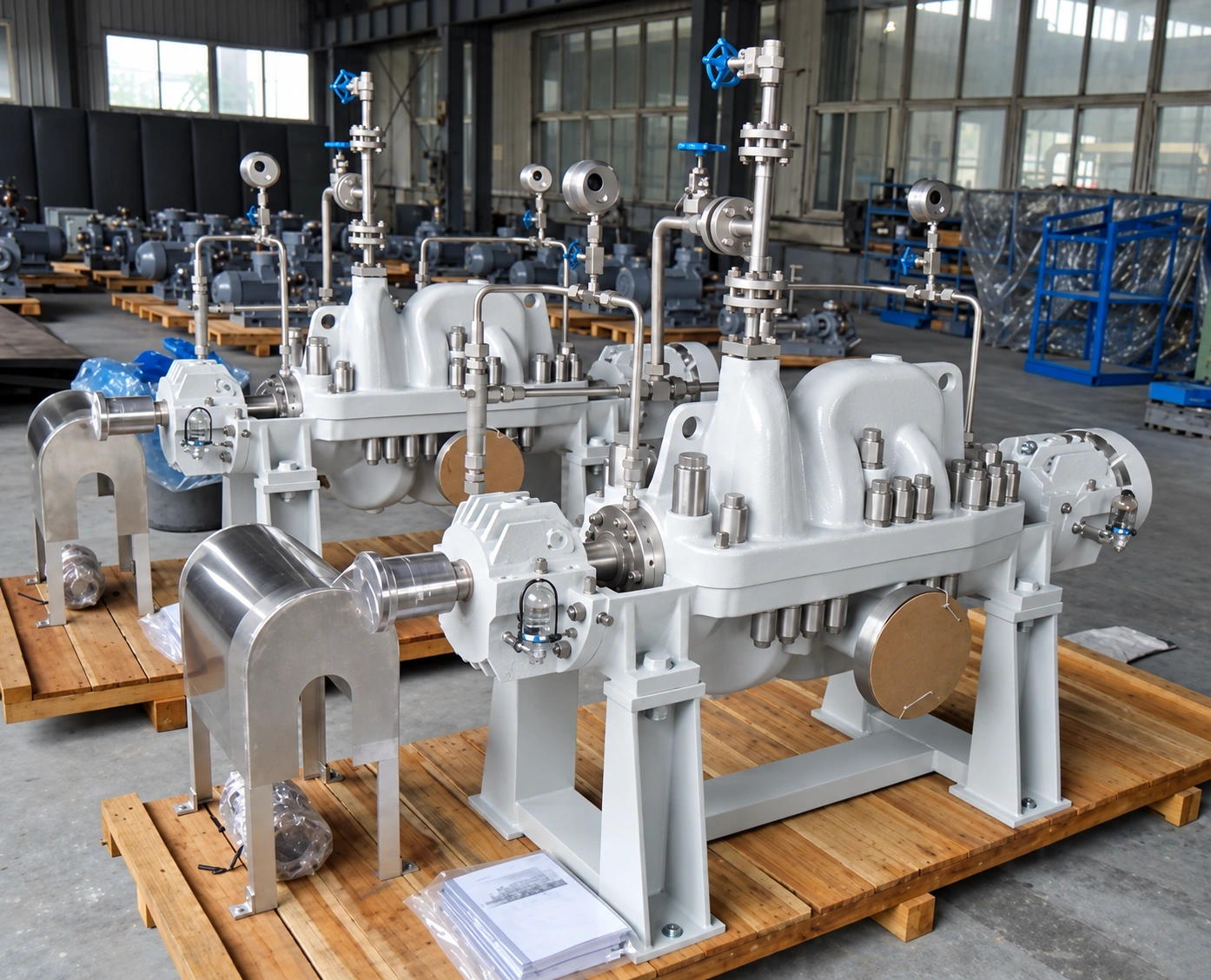 Cụm bơm thân tách màu xám trên pallet gỗ.