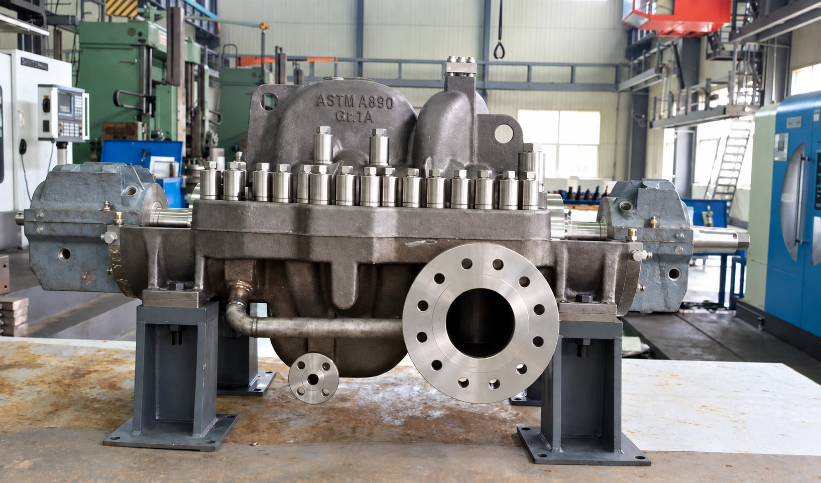 Mặt trước bơm thân tách và đầu nối mặt bích.