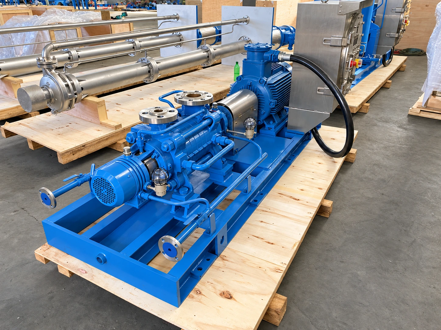 Góc nhìn nghiêng bơm nhiều tầng màu xanh trên pallet vận chuyển.