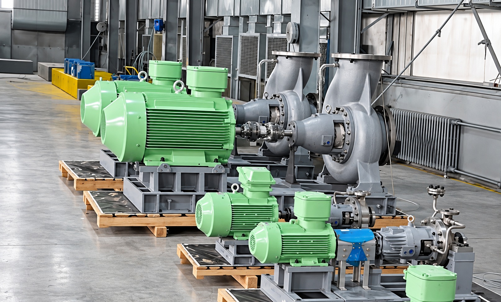 Các cụm bơm dẫn động bằng động cơ trên giá đỡ gỗ vận chuyển.