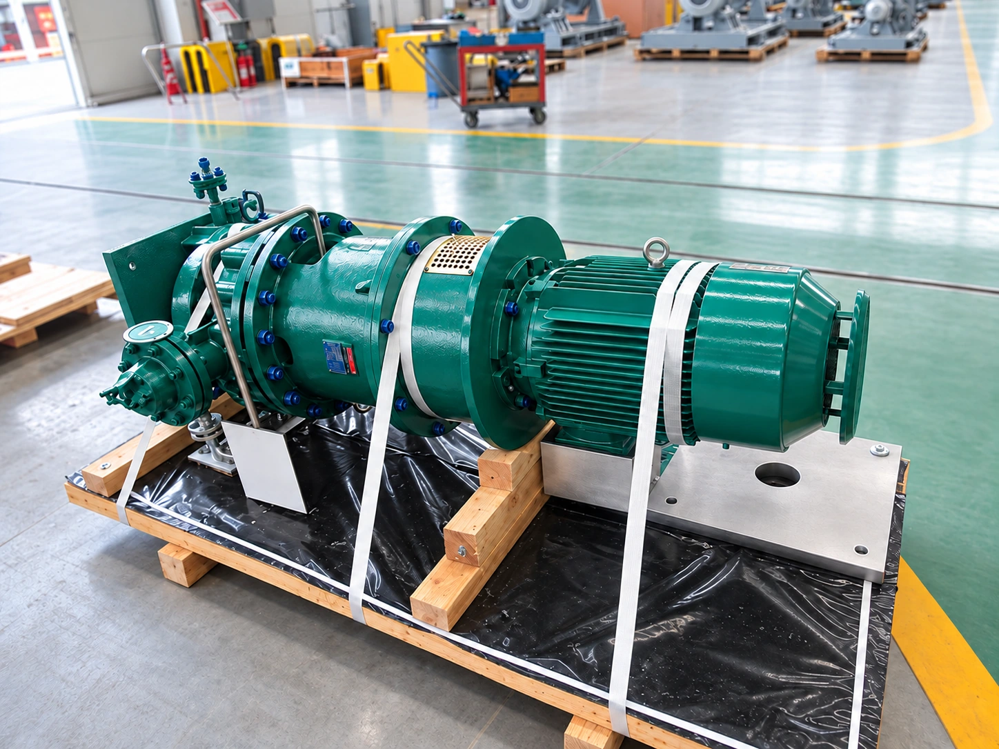 Cụm bơm và động cơ xanh lá cố định trên giá đỡ gỗ vận chuyển.